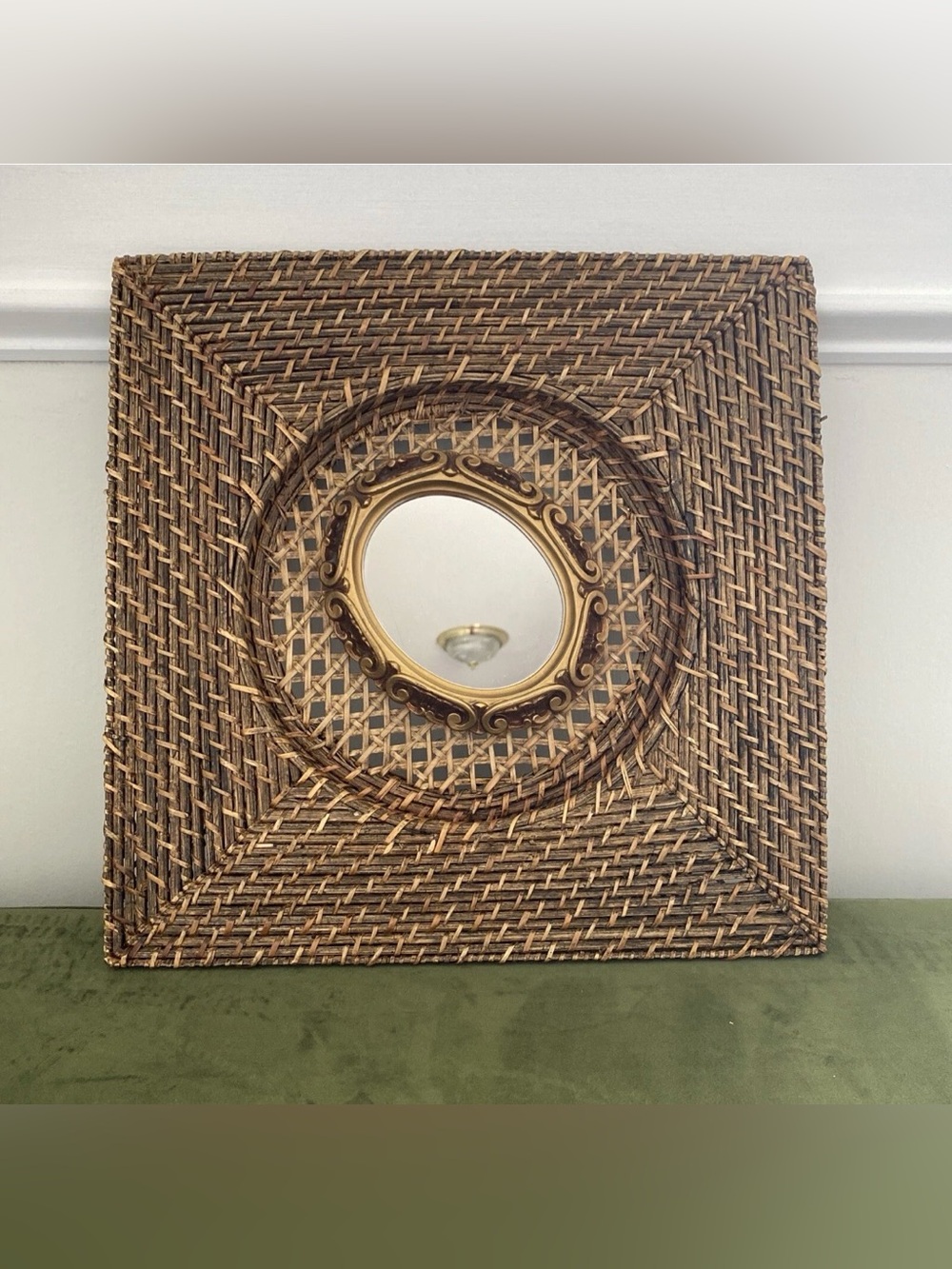 Woven Rattan Wall Mirror with Gold Accent Frame - Brown 14”X14”